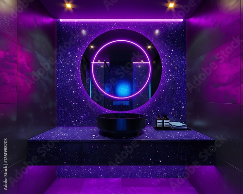 Obraz na płótnie Bathroom with purple and black colors, neon lights, round mirror, modern mimalist design, high resolution, w salonie