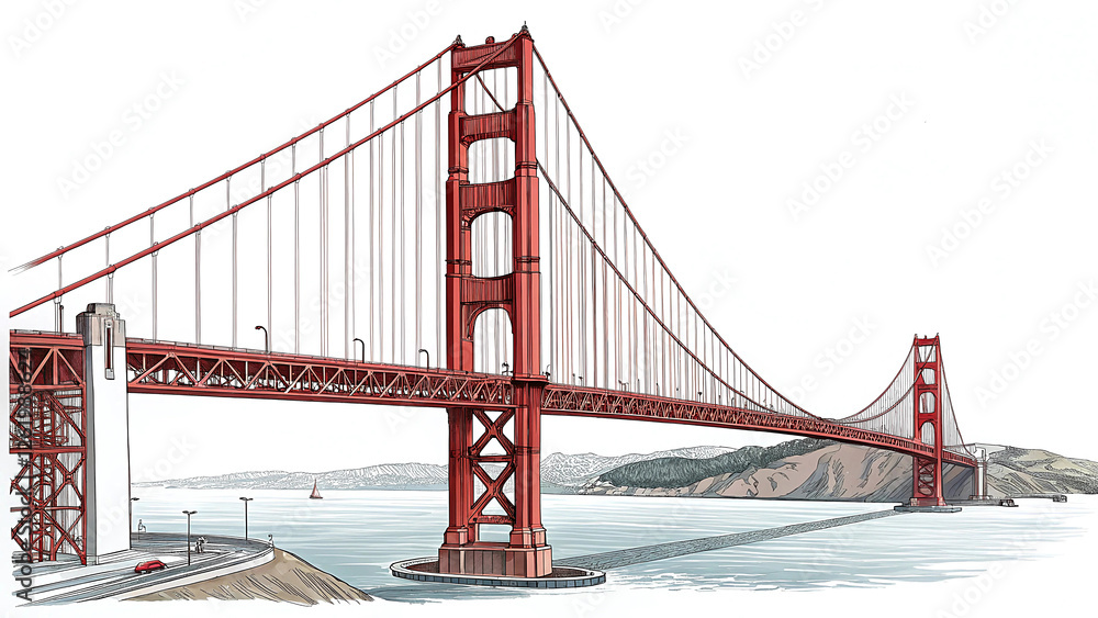 Fototapeta premium Golden Gate Bridge Landmark Architectural Illustration Isolated on a white Background