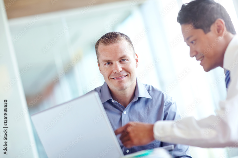 Obraz premium Employees, laptop and team portrait for human resources in office, review candidates and applications. Men, discussion and collaboration with hiring recruitment process, online and advice for project