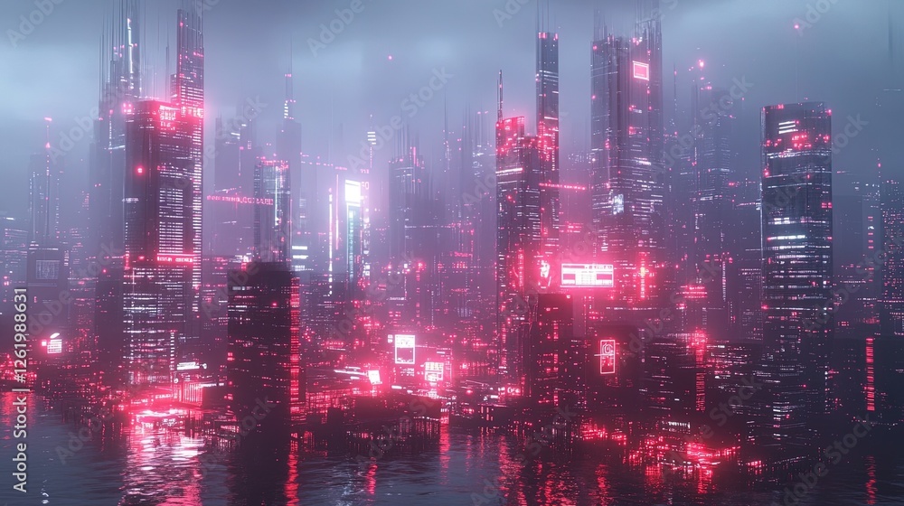 Fototapeta premium Digital overlay of cybersecurity graphics on a cityscape, high-tech and secure 