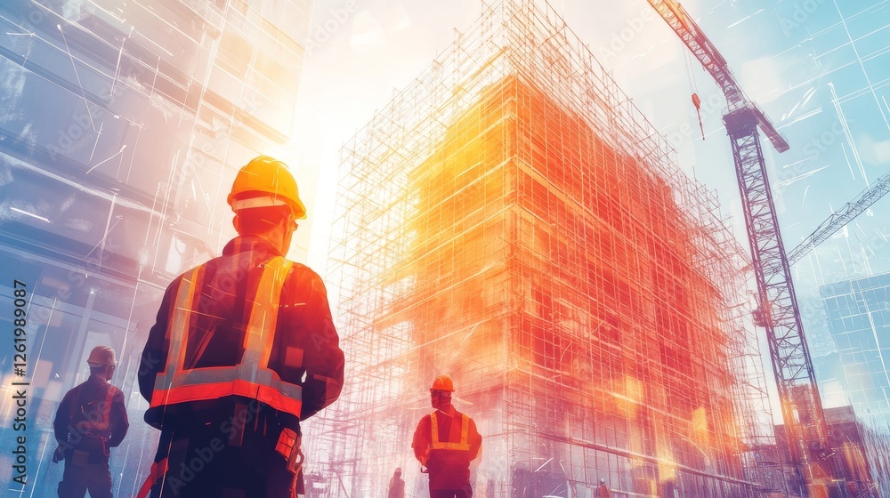 custom made wallpaper toronto digitalBuilding construction engineer illustration with double exposure graphic design and Building engineers, architect people or construction workers working