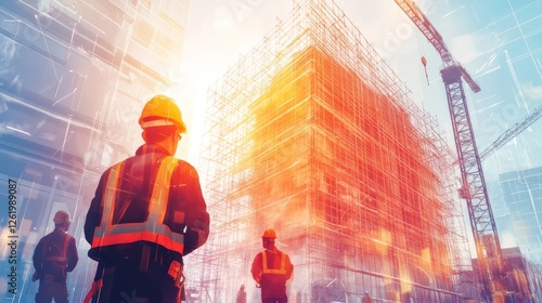 Wallpaper Mural Building construction engineer illustration with double exposure graphic design and Building engineers, architect people or construction workers working Torontodigital.ca