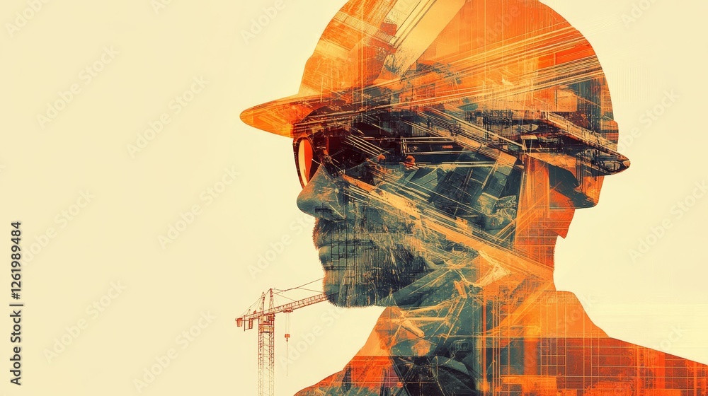 Obraz premium Building construction engineer illustration with double exposure graphic design and Building engineers, architect people or construction workers working