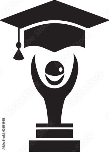 Minimalist Graduation Logo Featuring Cap Trophy And Celebration Figure.eps