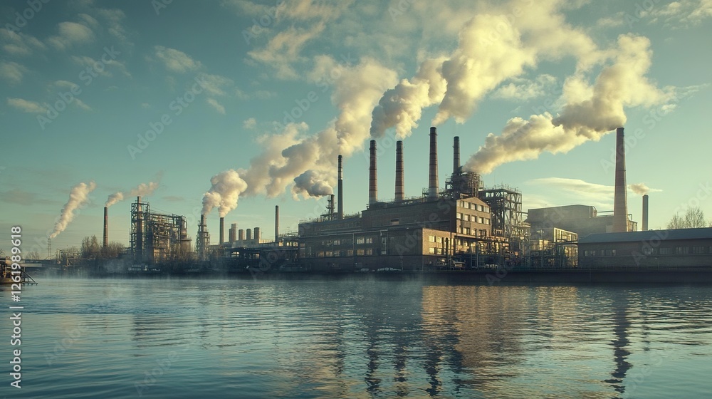 Industrial plant pollution over calm river at sunrise. Use Environmental impact report Industrial plant pollution over calm river at sunrise. Use Environmental impact report