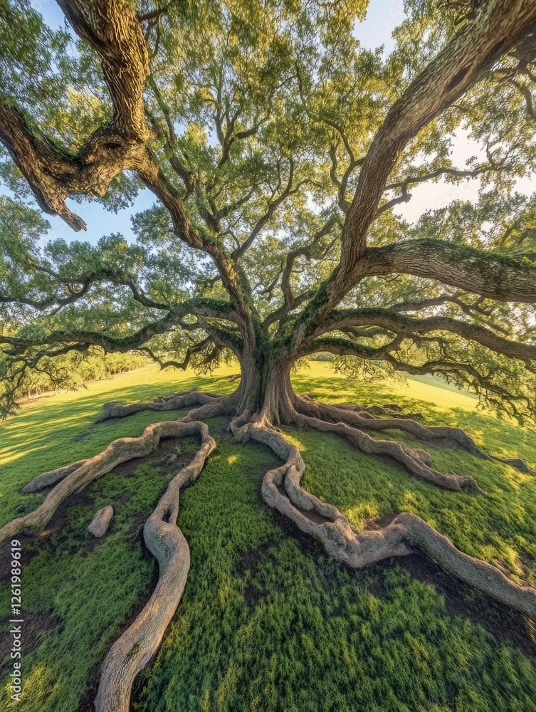 A massive tree with multiple trunks and complex roots, set against a serene sky. This image captures the unique characteristics of such a rare natural phenomenon. A massive tree with multiple trunks and complex roots, set against a serene sky. This image captures the unique characteristics of such a rare natural phenomenon.
