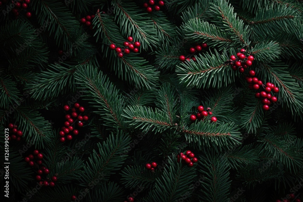 Close-up of a pine tree with red berries, showcasing the holiday season decoration. Close-up of a pine tree with red berries, showcasing the holiday season decoration.