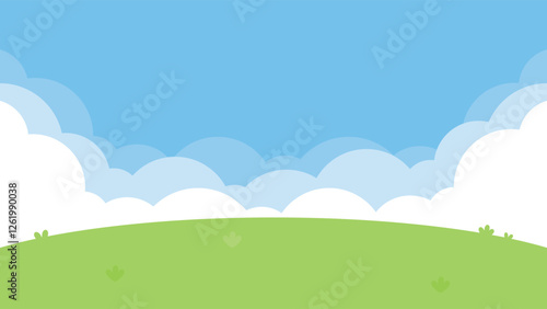 An illustration of a blue sky with white clouds over a lush green garden landscape.