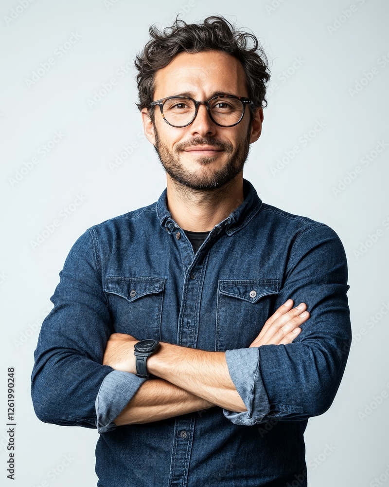 A confident man with glasses poses with arms crossed, exuding professionalism and approachability. A confident man with glasses poses with arms crossed, exuding professionalism and approachability.