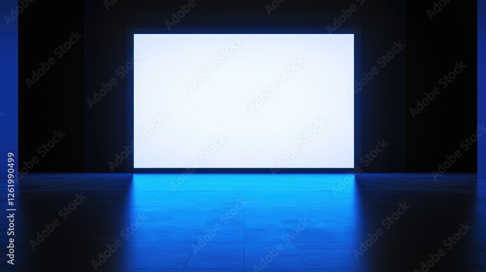 Bright, blank rectangular screen in dark blue room. Glowing blue light reflects on floor. Bright, blank rectangular screen in dark blue room. Glowing blue light reflects on floor.