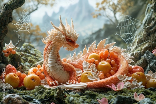 Serene autumn dragon resting among fruits in enchanted forest landscape