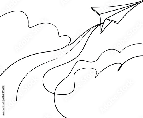 Paper Airplane Soaring Through Whimsical Sky Cloudscape Drawing