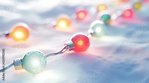 Close-up on colorful string lights with snow for Christmas or party decoration photo