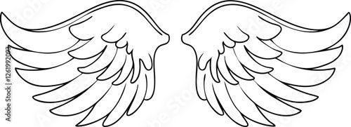 Pair of Angelic Wings, Outline Drawing, Feathered, Flight, Heavenly