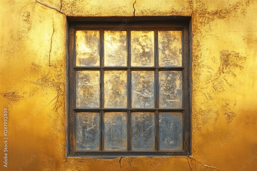 Weathered window on a golden textured wall with cracks Weathered window on a golden textured wall with cracks