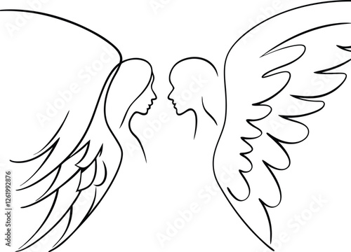 Two Angelic Figures Facing, Wings Outstretched, Line Art Design