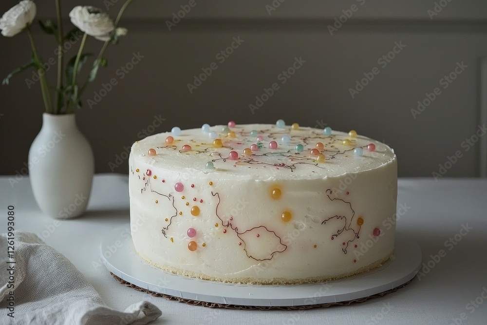 Elegant celebration cake with whimsical decorations on dining table Elegant celebration cake with whimsical decorations on dining table