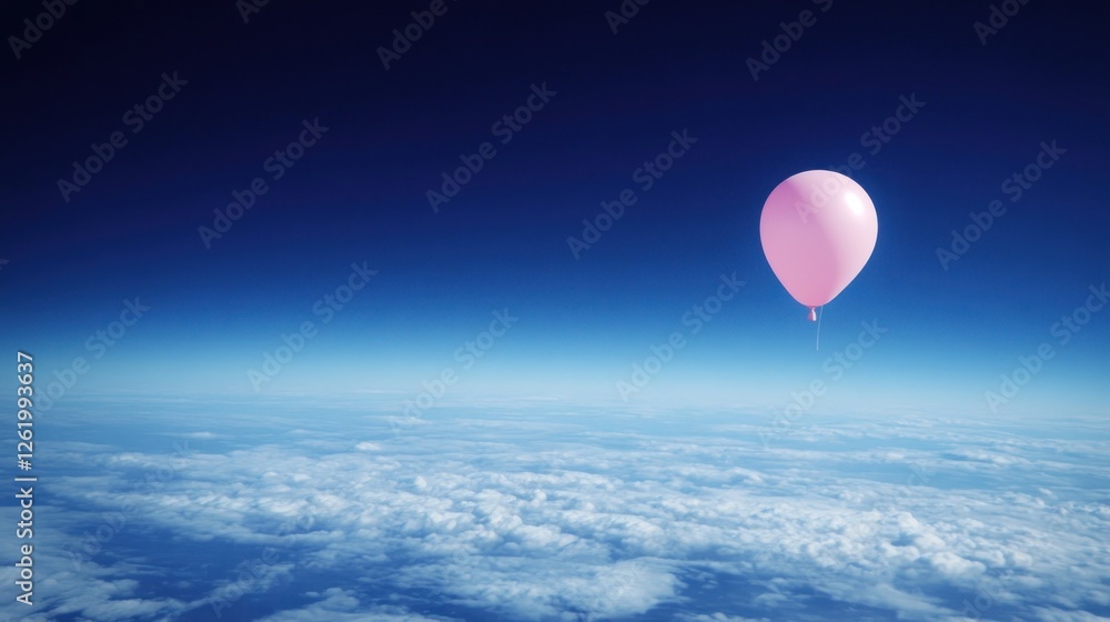 Obraz premium Pink balloon floating above clouds. Aerial view. Possible use stock photo for a children's book or educational purposes