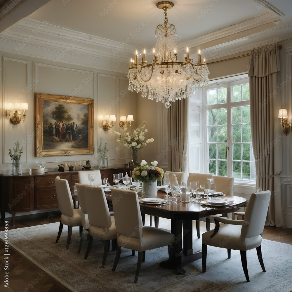 Elegant Formal Dining Room: A classic and sophisticated dining room with a long wooden table, plush chairs, and a magnificent crystal chandelier. Elegant Formal Dining Room: A classic and sophisticated dining room with a long wooden table, plush chairs, and a magnificent crystal chandelier.