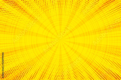 Comic background with yellow pop art cartoon pattern. Ray burst vector light with retro halftone effect. Orange abstract anime sunburst. Dotted summer explosion backdrop. Graphic vintage radial frame