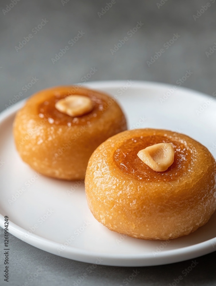 Two bite-sized peanut pastries with a creamy filling, served on a white square plate. Two bite-sized peanut pastries with a creamy filling, served on a white square plate.