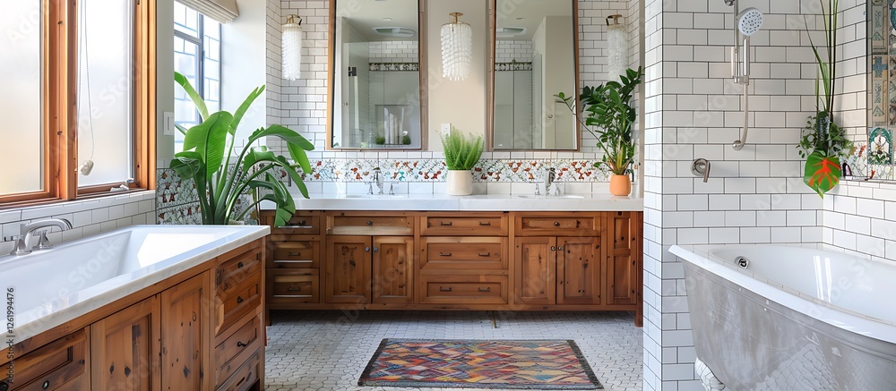 Farmhouse bathroom, large wooden vanity, double mirrors, central tub, white walls, wood cabets, wdow, photorealistic,