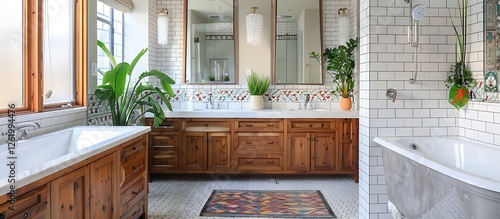 Obraz na płótnie Farmhouse bathroom, large wooden vanity, double mirrors, central tub, white walls, wood cabets, wdow, photorealistic, w salonie