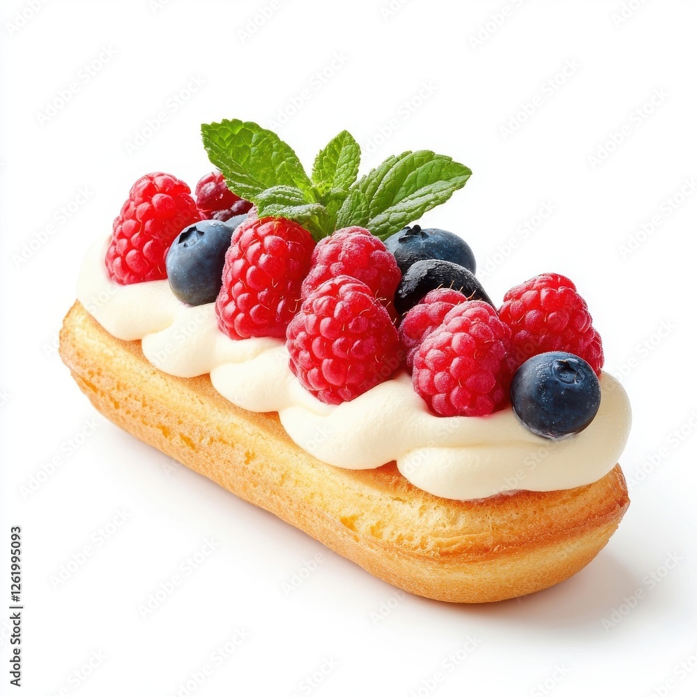 Éclair with mixed berries isolate on white background Éclair with mixed berries isolate on white background