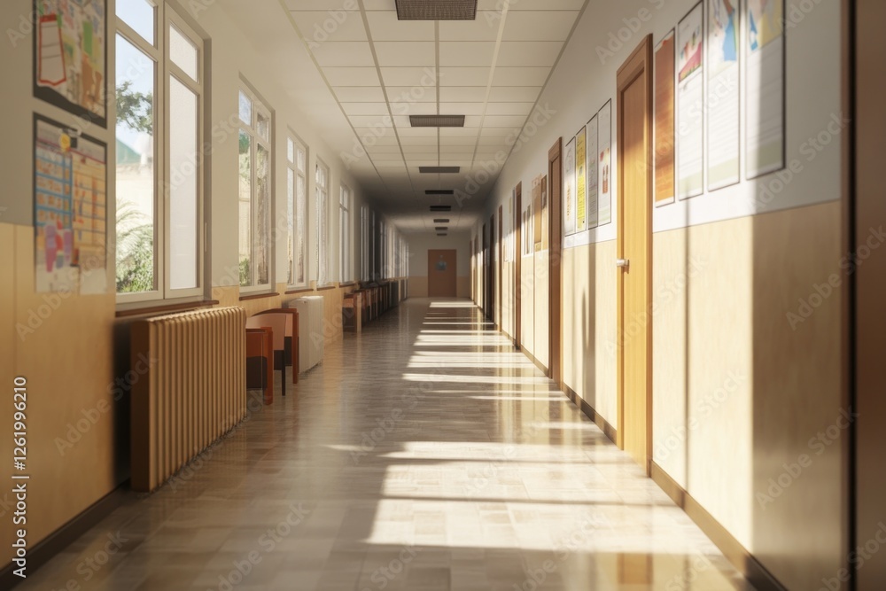 Fototapeta premium A well-lit school hallway with desks and lockers, showcasing a spacious and educational atmosphere.