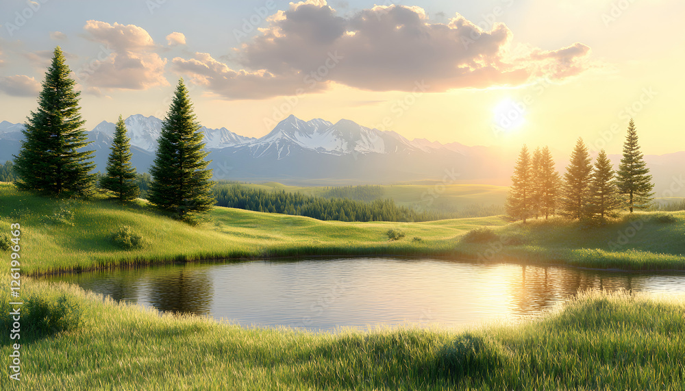 Serene sunset landscape featuring a tranquil pond, evergreen trees, and majestic snow-capped mountains in the background. Ideal for nature, travel, and serenity themes.
