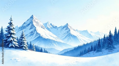 Wallpaper Mural Serene Winter Mountain Landscape Snow-Covered Peaks and Evergreen Forest Under a Clear Sky Torontodigital.ca