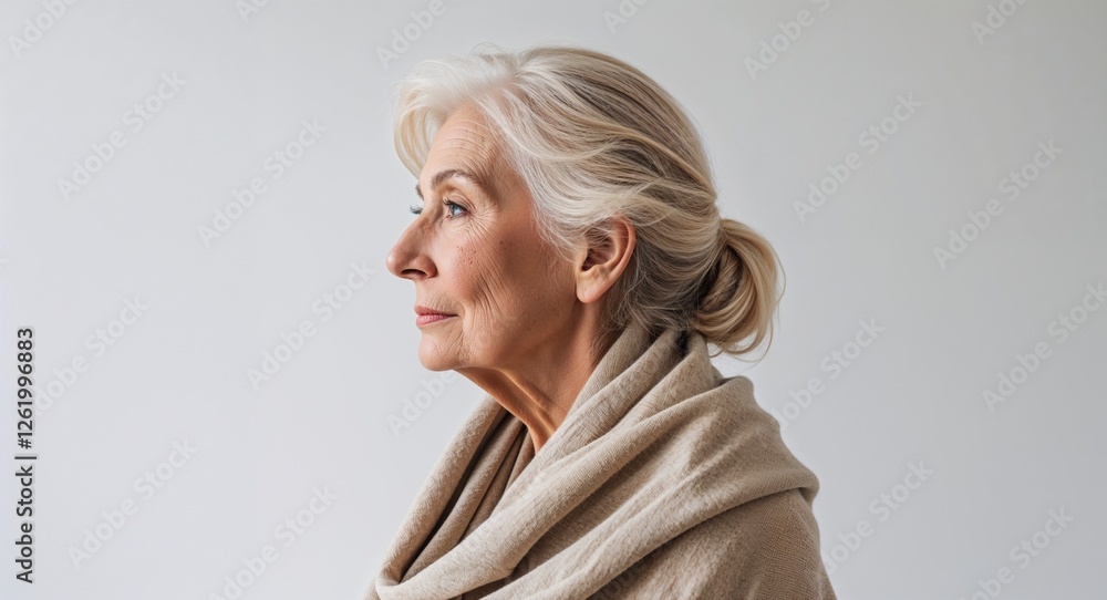 Fototapeta premium Blonde elderly woman beige shawl side view portrait on plain white background