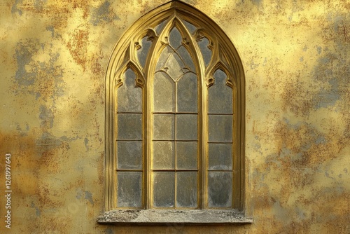 Ornate gothic window set in a textured golden wall