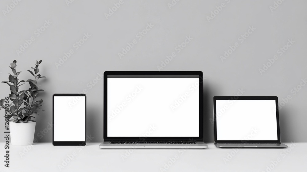 Modern Minimalist Workspace Mockup: Laptop, Tablet, and Smartphone Displaying Blank Screens Modern Minimalist Workspace Mockup: Laptop, Tablet, and Smartphone Displaying Blank Screens