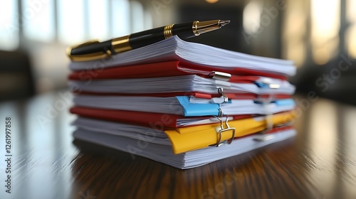 Documents pile with golden pen on wooden surface, business workload concept