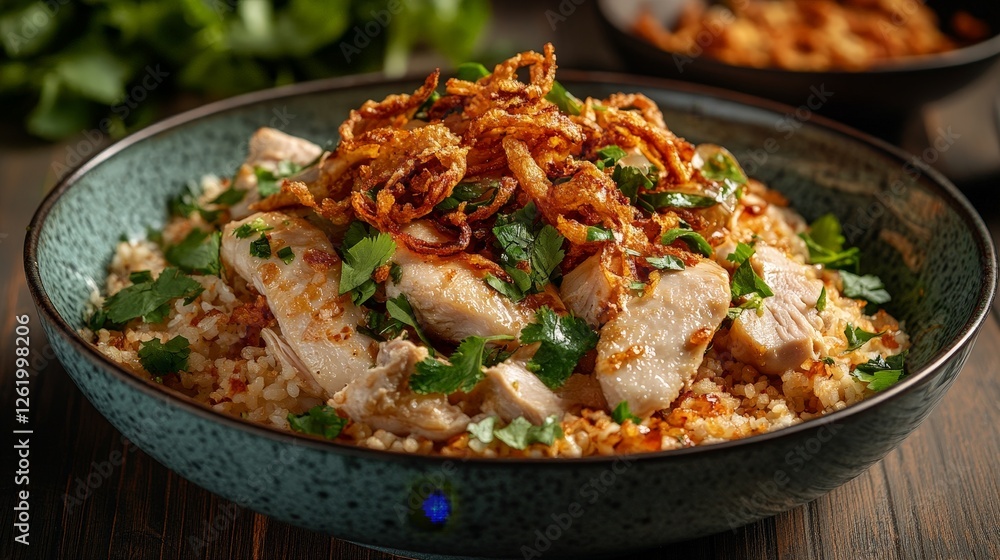 A delicious bowl of chicken over seasoned rice, garnished with crispy onions and herbs. A delicious bowl of chicken over seasoned rice, garnished with crispy onions and herbs.