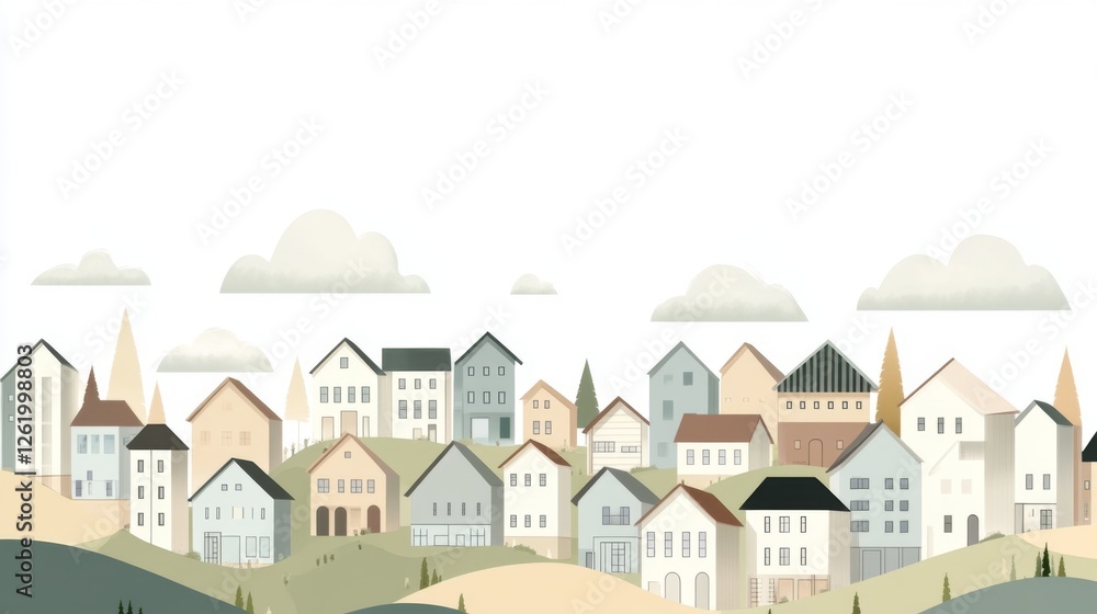 Naklejka premium Suburban hillside village, idyllic homes, cloudy sky, peaceful neighborhood, real estate illustration