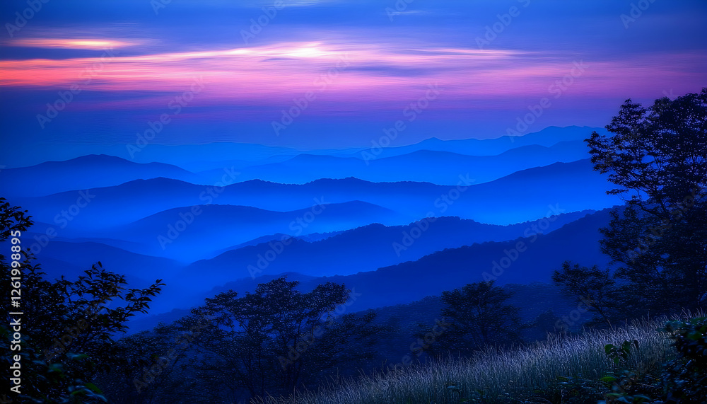 Obraz premium Serene twilight landscape showcasing layered blue mountains under a purple-pink sunset sky. Silhouetted trees add depth.
