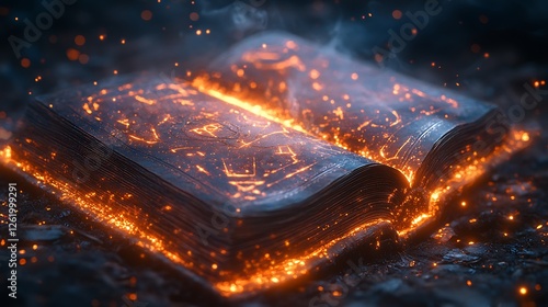 Open book displays illuminated arcane symbols surrounded by smoke photo