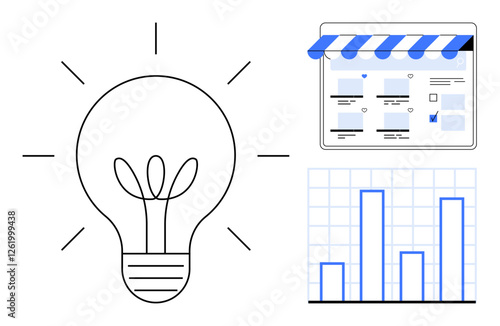 Lightbulb representing creativity, online storefront webpage, bar graph showing data analysis. Ideal for business strategies, e-commerce, innovation, productivity, growth tracking, digital marketing