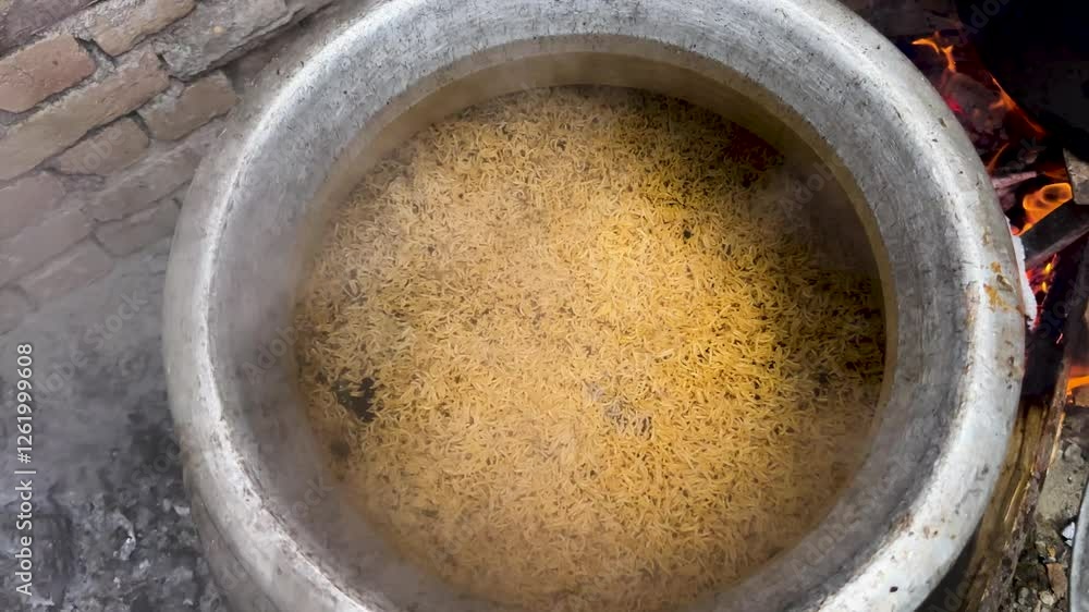 Traditional Brown Degi Rice Cooking in Large Pot at Pakistani Wedding. Festive Pakistani Wedding Feast: Brown Degi Rice Cooking. Traditional Brown Degi Rice Cooking in Large Pot at Pakistani Wedding. Festive Pakistani Wedding Feast: Brown Degi Rice Cooking.