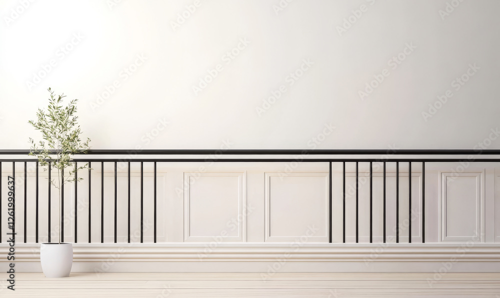 Fototapeta premium Minimalist indoor balcony design with plant and white wall