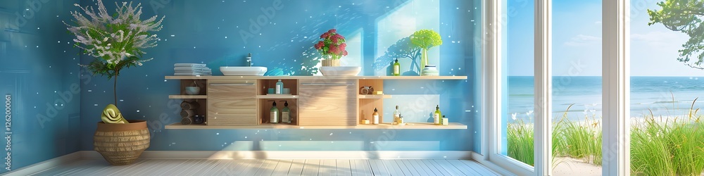 Beach house bathroom, blue walls, large wdow view, white and beige tones, wooden vanity with shelves, flower basket, natural sunlight, relaxg,