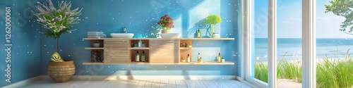 Obraz na płótnie Beach house bathroom, blue walls, large wdow view, white and beige tones, wooden vanity with shelves, flower basket, natural sunlight, relaxg, w salonie