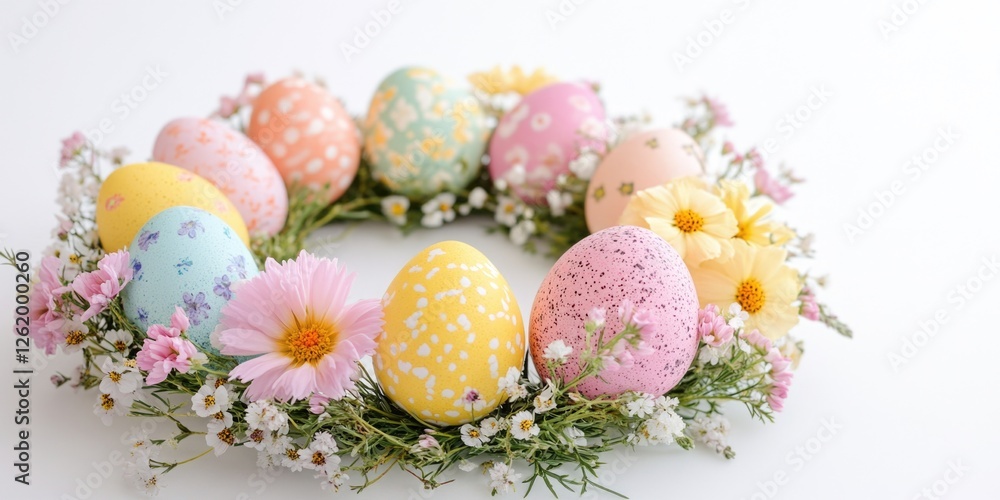 Colorful Easter eggs with painted designs, arranged in a floral bouquet on top of fresh flowers. Holiday celebration and family traditions concept. Vibrant spring decor. Colorful Easter eggs with painted designs, arranged in a floral bouquet on top of fresh flowers. Holiday celebration and family traditions concept. Vibrant spring decor.