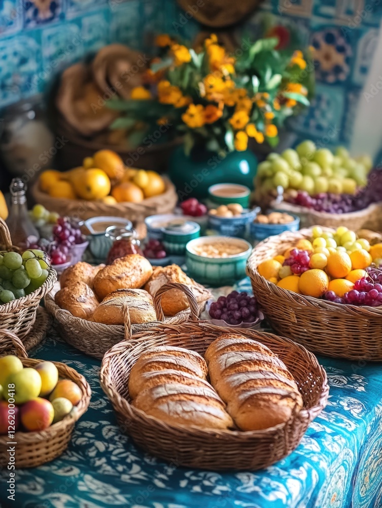 Vibrant fruits and vegetables, crusty breads, and exotic spices arranged on a beautifully tiled countertop. Vibrant fruits and vegetables, crusty breads, and exotic spices arranged on a beautifully tiled countertop.