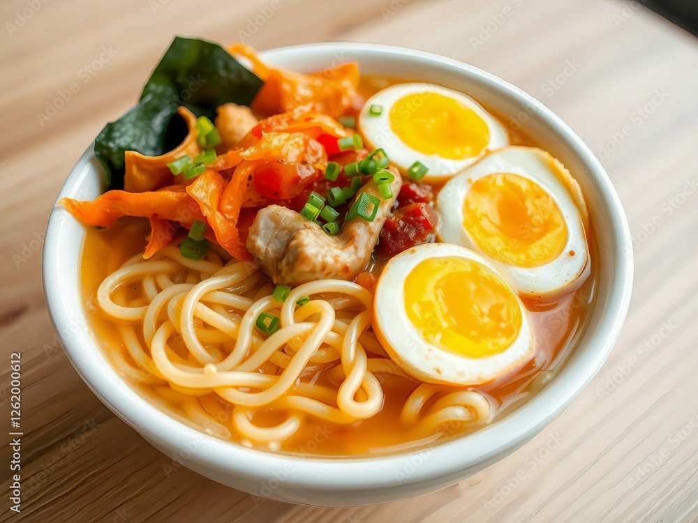 A bowl of comforting Ramyeon: Korean noodles in a spicy broth with toppings like egg, vegetables, and meat. A quick and delicious meal! A bowl of comforting Ramyeon: Korean noodles in a spicy broth with toppings like egg, vegetables, and meat. A quick and delicious meal!