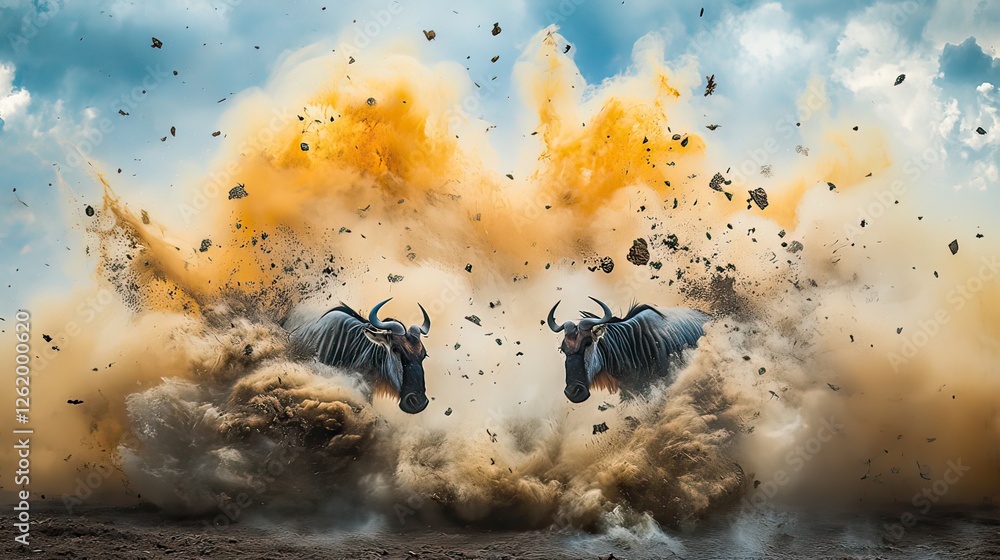 Two wildebeests emerge from a cloud of dust and debris, showcasing nature's raw power. Two wildebeests emerge from a cloud of dust and debris, showcasing nature's raw power.