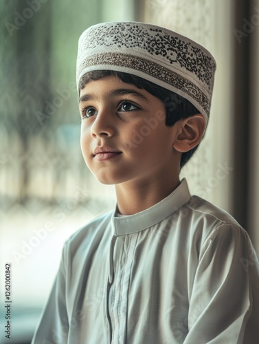 A young boy wearing traditional Islamic clothing with a Kufi cap, standing in front of a building that could be a mosque or a place of religious significance. photo