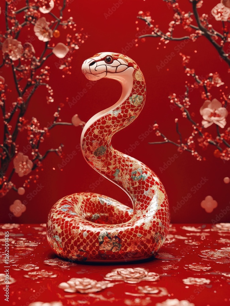 Fototapeta premium Traditional Chinese ceramic art. Hand-painted red snake design on a vase with blossoms.